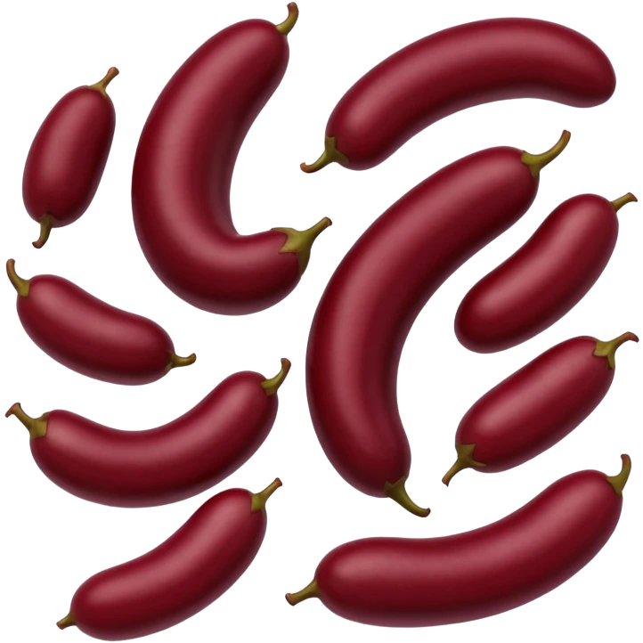 4 red kidney beans, scattered, smooth glossy surface, deep reddish-maroon, curved shape, natural variation, dry and polished, 3D-rendered, minimal, no faces, transparent background emoji