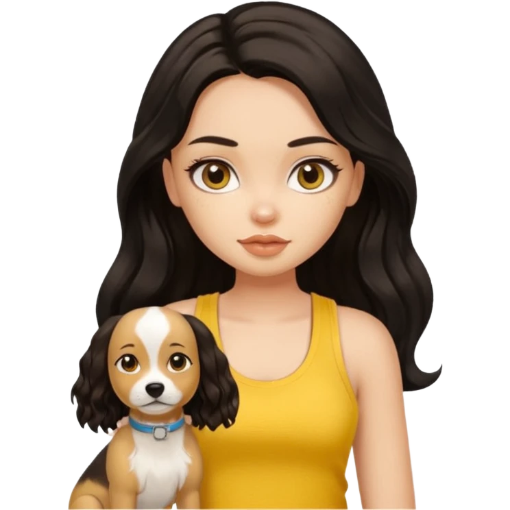 brown pretty bratz girl with long wavy black hair, wearing a yellow tank top with a dog emoji
