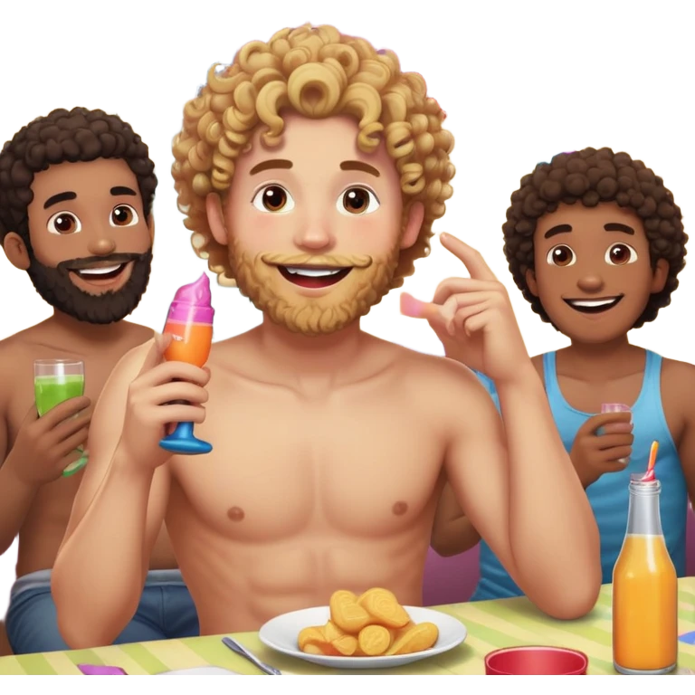 A shirtless young man with curly hair and a beard sits at a party table, smiling tipsy and amused. He’s holding a rubber dildo with a playful, surprised look. Friends laugh around him, drinks and party vibes in the background. emoji