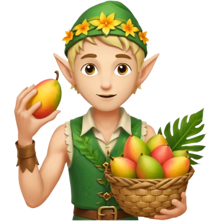 elf male Sleeveless vest with palm-leaf print, basket of exotic fruits (mango/lychee), sunburned nose. emoji