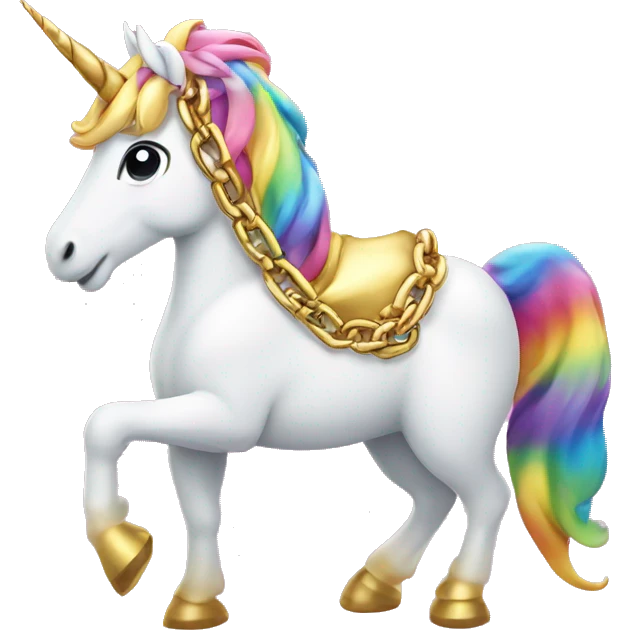 Unicorn with a gold chain on a rainbow emoji