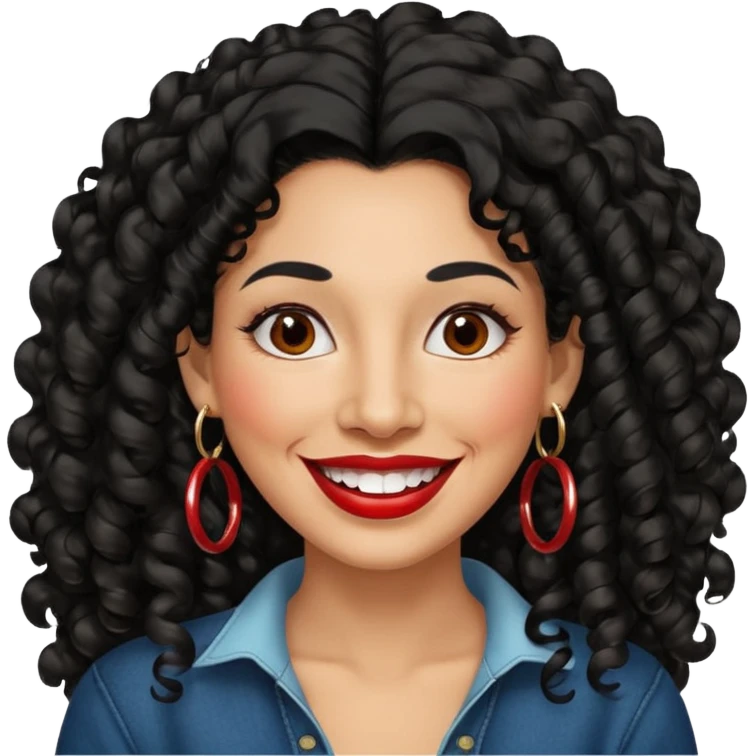 40 yr old peruvian woman, very curly long black hair, red lipstick, big smile, white teeth, brown eyes, hoop earings, side part to hair emoji