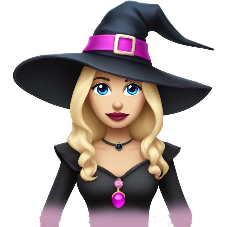 Beautiful blonde blue eyed witch with pink lips wearing witch hat emoji