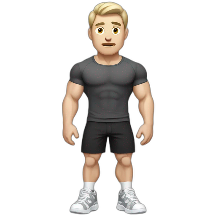 Confused Pale skinned Fit Man With the biceps and dark brown hair in black shirt, gray sports shorts and white Sneakers emoji