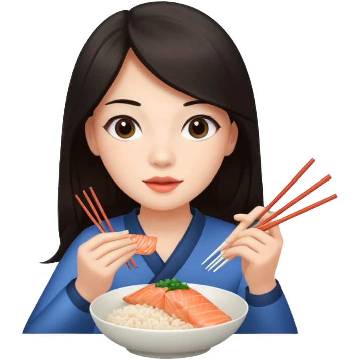 chica joven con piel clara y pelo oscuro largo comiendo un plato de arroz con salmón  emoji