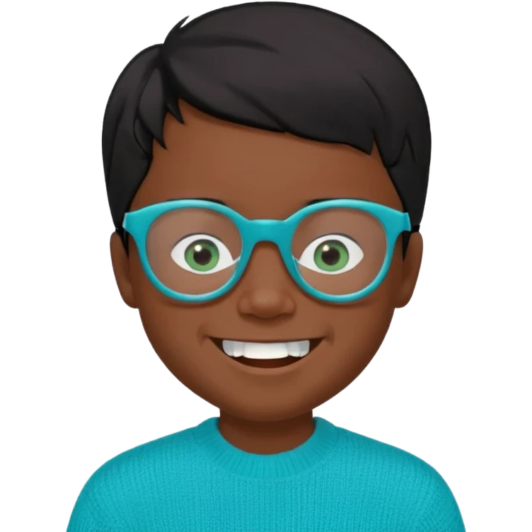 Chico de 7 años, pelo negro y repeinado, piel oscurita, gafas rectangulares azules, sonriente sin 1 diente, jersey verde turquesa y ojos rasgados, no redondeados emoji