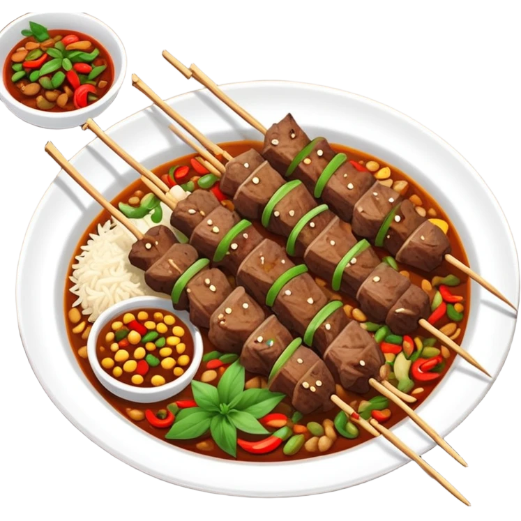 Xinjiang roasted lamb skewers with cumin and chili, simplified emoji style with bold outlines and bright colors, cartoon style Uyghur style Kawap emoji