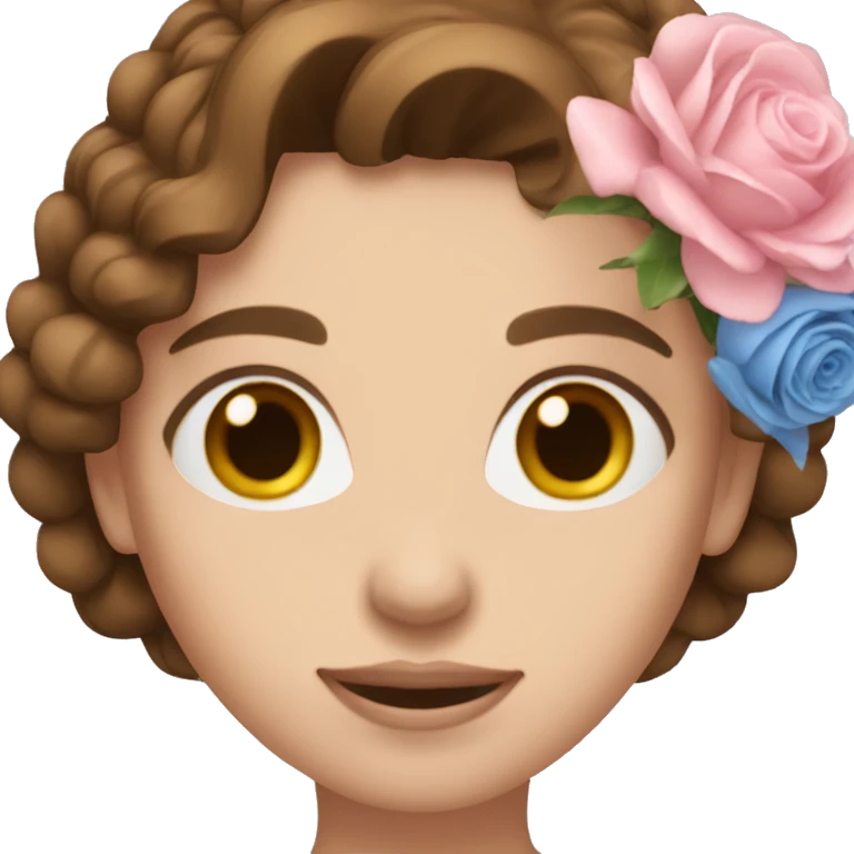 woman with blue eyes brown hair and pink bouquet in the hand emoji
