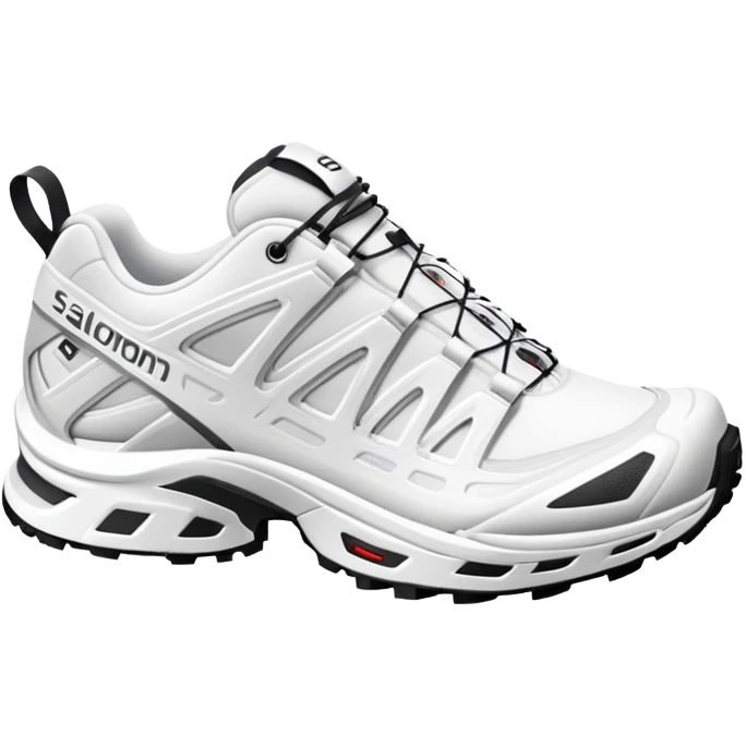 Pure white Salomon XT-6 shoes with zero colored elements, one arranged behind the other, minimal iOS emoji aesthetic, clean white sneakers emoji
