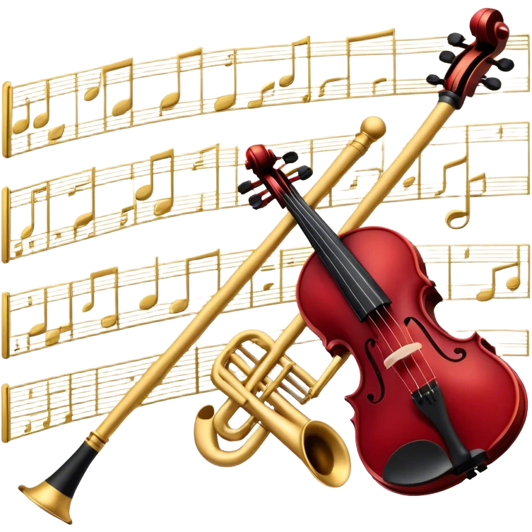 Create a sophisticated and elegant emoji that represents orchestration and arrangement. The design should feature a conductor’s baton, musical notes, and a symphonic score, symbolizing the process of arranging and orchestrating music. Incorporate instruments like a violin, trumpet, and piano keys subtly in the background, representing different sections of the orchestra. Use classical and refined colors such as gold, deep red, and black to evoke the grandeur and precision of orchestration. The background should be transparent. emoji