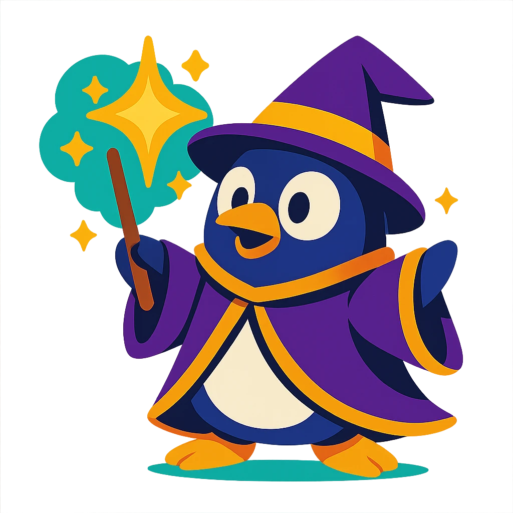 a cartoon penguin wizard casting a spell, with sparkles and a magical aura emoji
