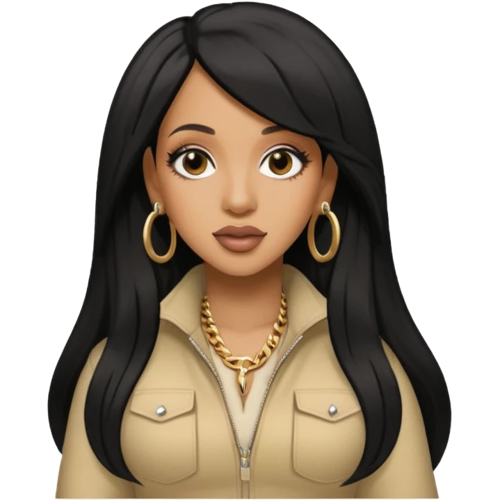 Cardi B with long jet black hair, beige outfit emoji