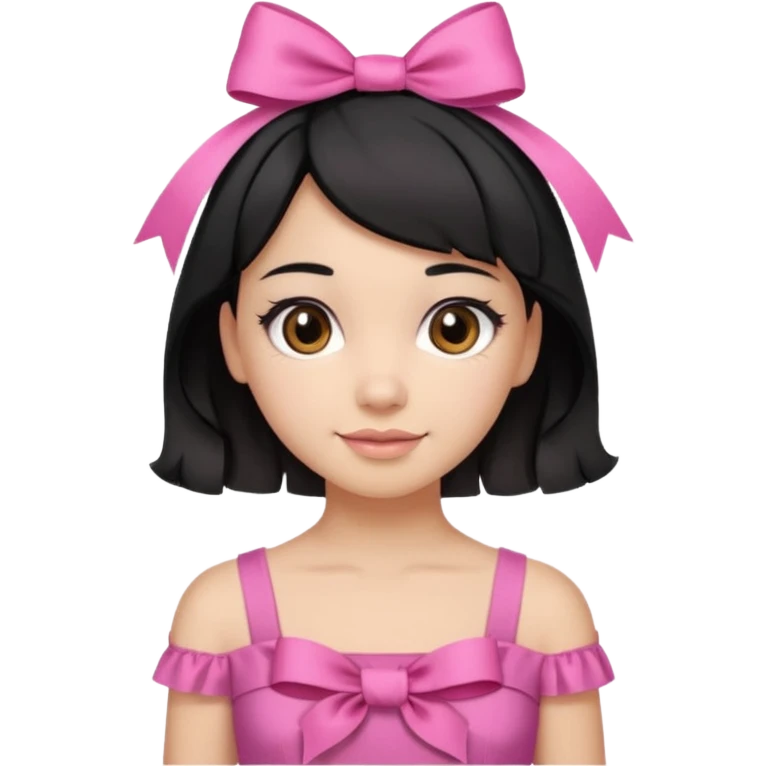 Beautiful girl with short black hair in a half-up half-down hairstyle with pink ribbon tying the top half, waves at the ends, brown eyes, light skin, slight smile, and pink dress emoji