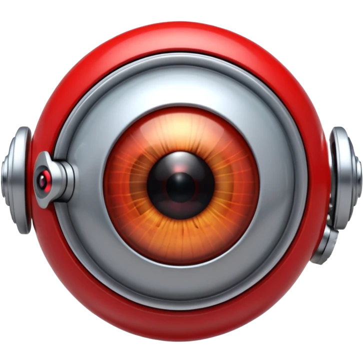 3D render of Robotic Eye, futuristic cyborg aesthetic, fusion of organic skin and chrome metal, white eyeball with a glowing red camera lens iris, exposed wiring, Apple emoji style, isolated on white background --v 6.0. emoji