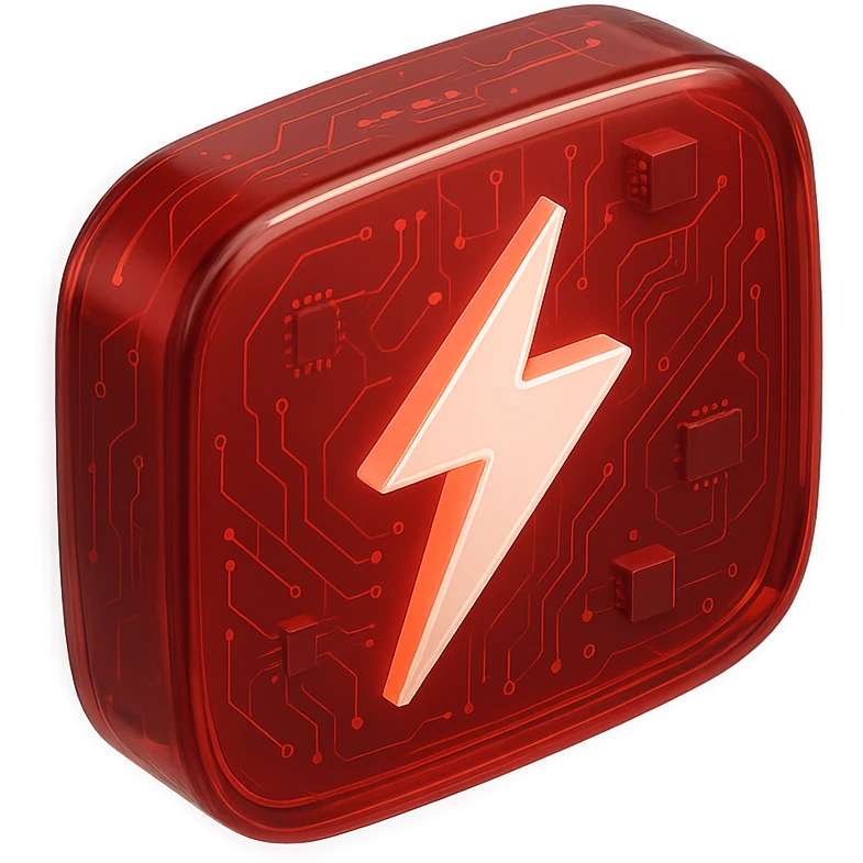 YouTube logo centered with red background, white lightning bolt inside instead of play button, glossy circuit style emoji