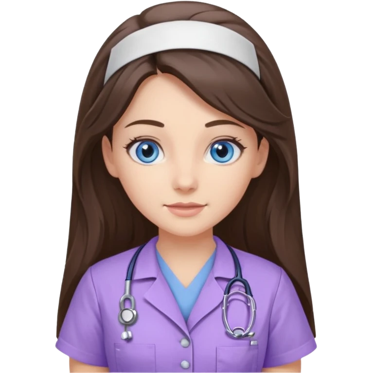 pretty brunette nurse with long hair and blue eyes in lilac scrubs emoji