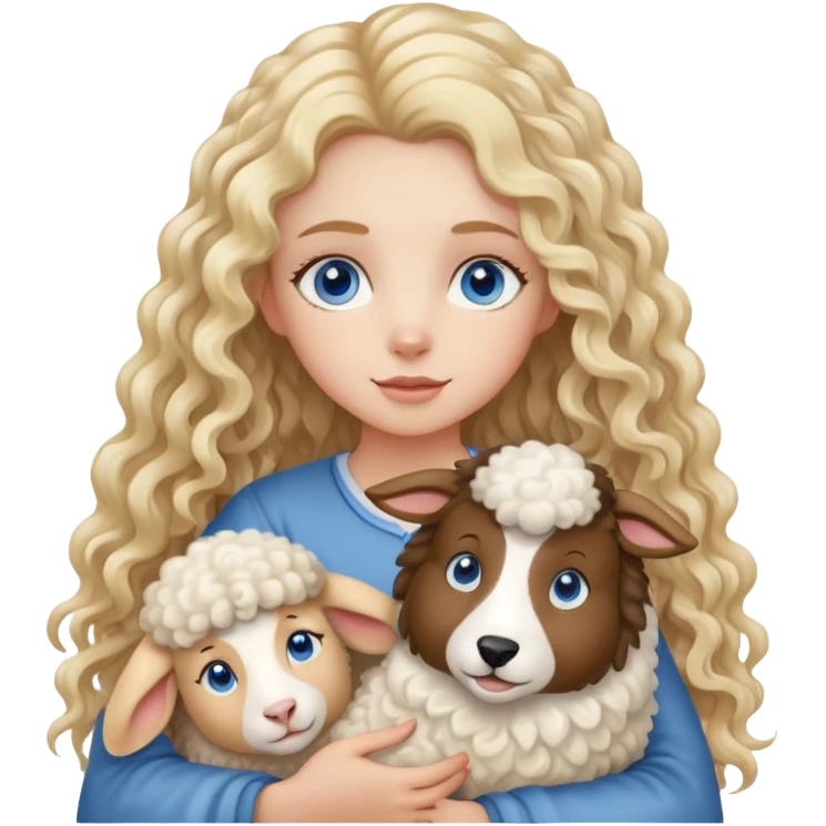Girl with long curly blonde hair and blue eyes holding sheep collie emoji