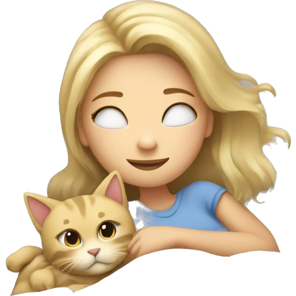 Blond girl laying in bed cuddling with a cat emoji