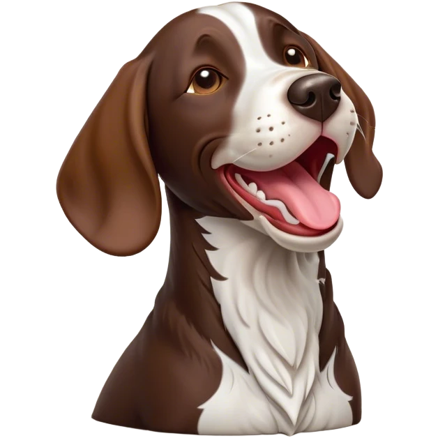Cinematic Comical German Pointer Dog Portrait Emoji, Head tilted dramatically while yawning exaggeratedly, sleek brown and white fur, Simplified yet hilariously adorable features, highly detailed, glowing with an almost sarcastic glow, high shine, a mix of lazy and curious, stylized with a touch of playful whimsy, bright and alert but with a comical expression, soft glowing outline, capturing the essence of a mischievous yet overly dramatic dog, so meme-worthy it feels like it could leap off the screen and sassily demand attention, ready to become the internet’s next viral sensation! emoji