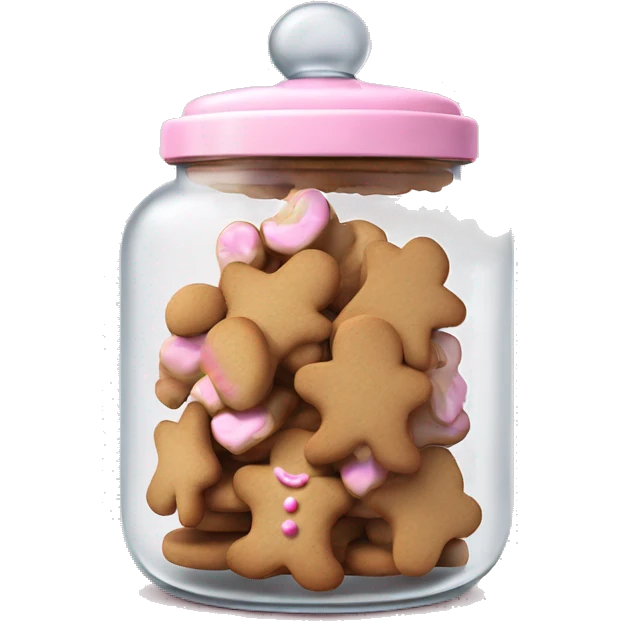 Realistic glass cookie jar with light pink lid full of gingerbread cookies isolated.  emoji