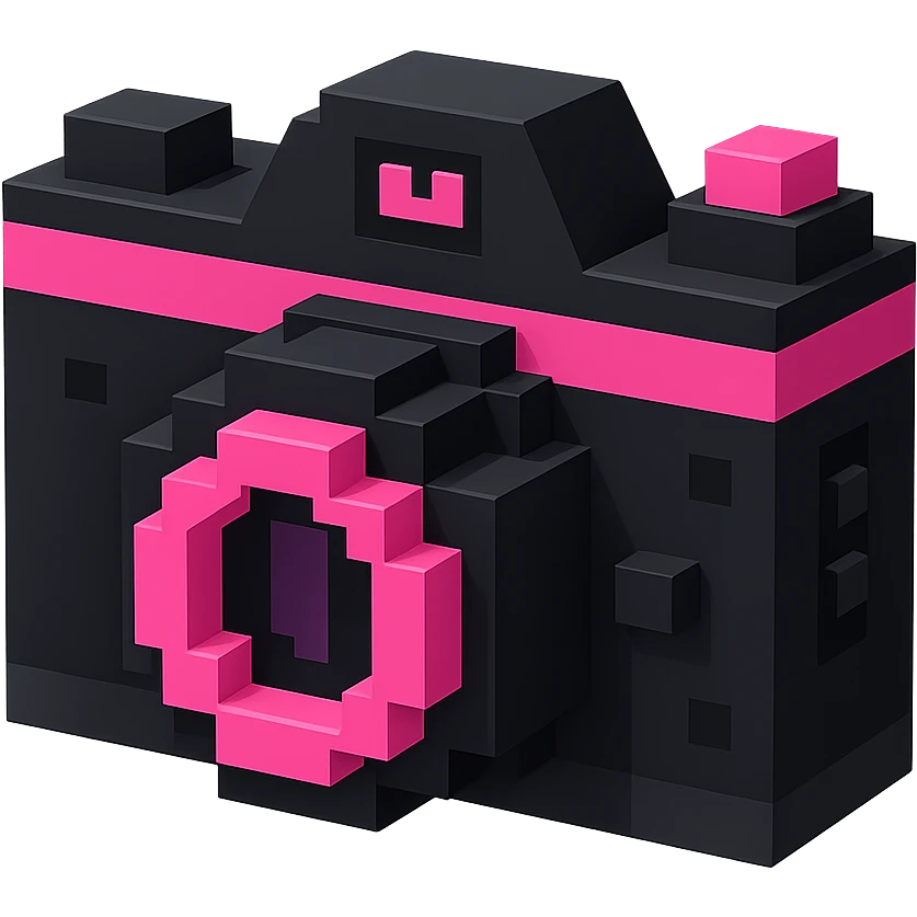 BLACKPINK-inspired gothic camera, blocky and modern, black and pink, no hearts emoji