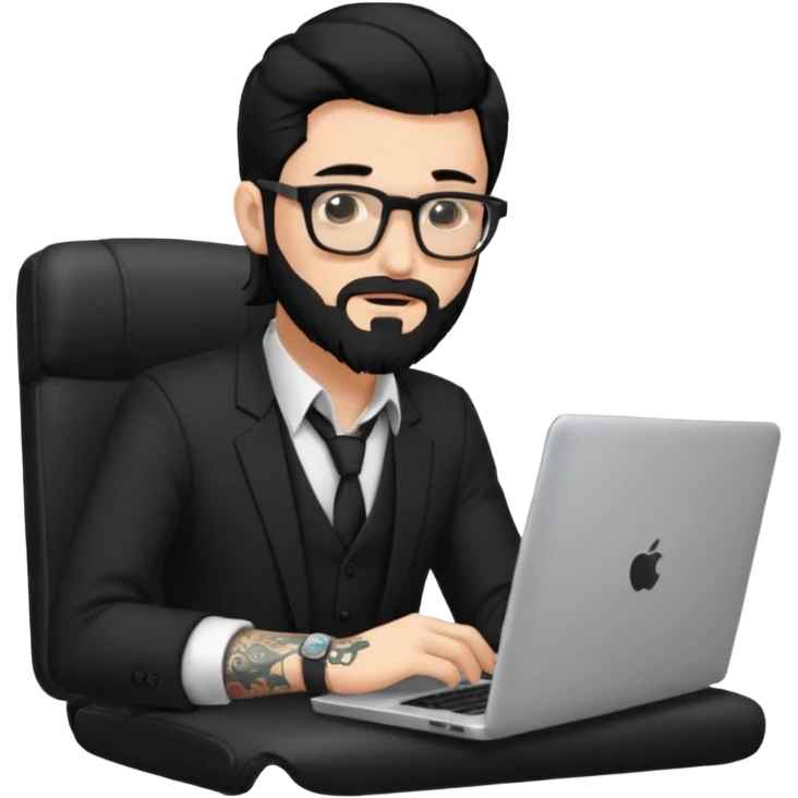 a young man with long black hair, with formal cloth, beard, wearing glasses sitting with a laptop, tattoo inyout arms emoji