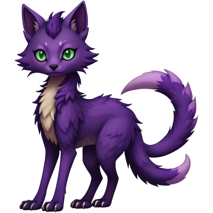 Kawaii dark edgy dark deep purplish with dark green eyes fantasy ethereal feline-vernid-sergal-fursona animal creature with a tufted tail full body with intricate markings  emoji