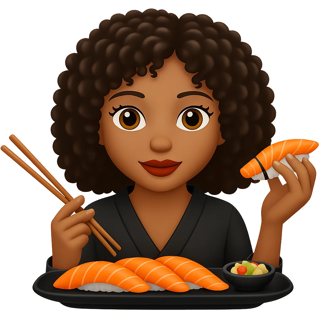 Edit the image of a girl eating sushi to have curly hair. Keep the same style as the original image. Remove the background. emoji