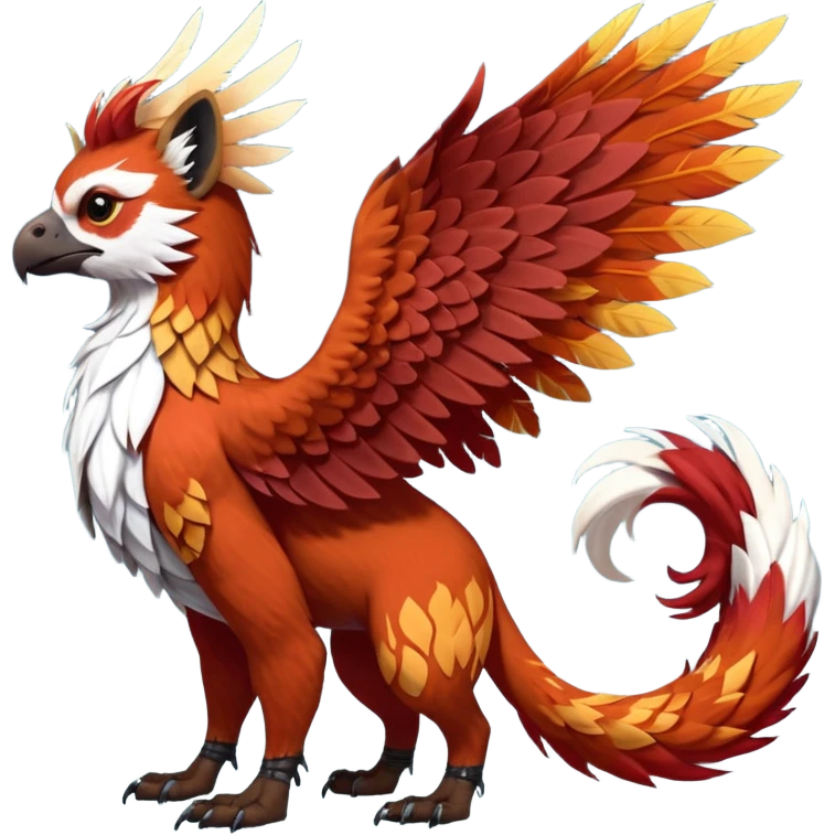 4-legged realistic digitigrade scaly winged long-big-beaked Gryphon-Griffin-Griffsnuff-Talonflame-Silvally-Braviary-Red-Panda-fusion-hybrid-animal-Fakémon-creature, full body, with a long thin tufted lion-tail, long big tufted winged feathery ears emoji