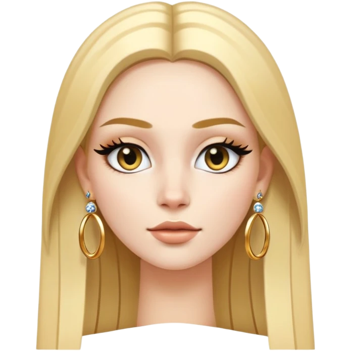 A white skinned girl with a three-dimensional face shape from Europe and America has long, straight golden center part hair Upperhung eyeliner and two earrings emoji