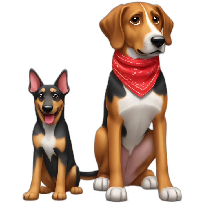 coonhound and German shepherd mix dog wearing small plain red bandana and walking left emoji