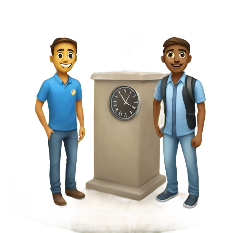 Bits pilani india and two friends standing in gront of clock tower  emoji