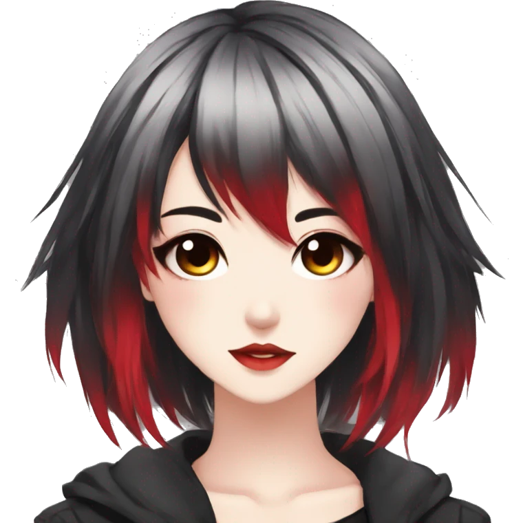 Gorgeous anime style lady with blushing face aesthetic and pretty edgy black red punk hair with hair garment trending style emoji