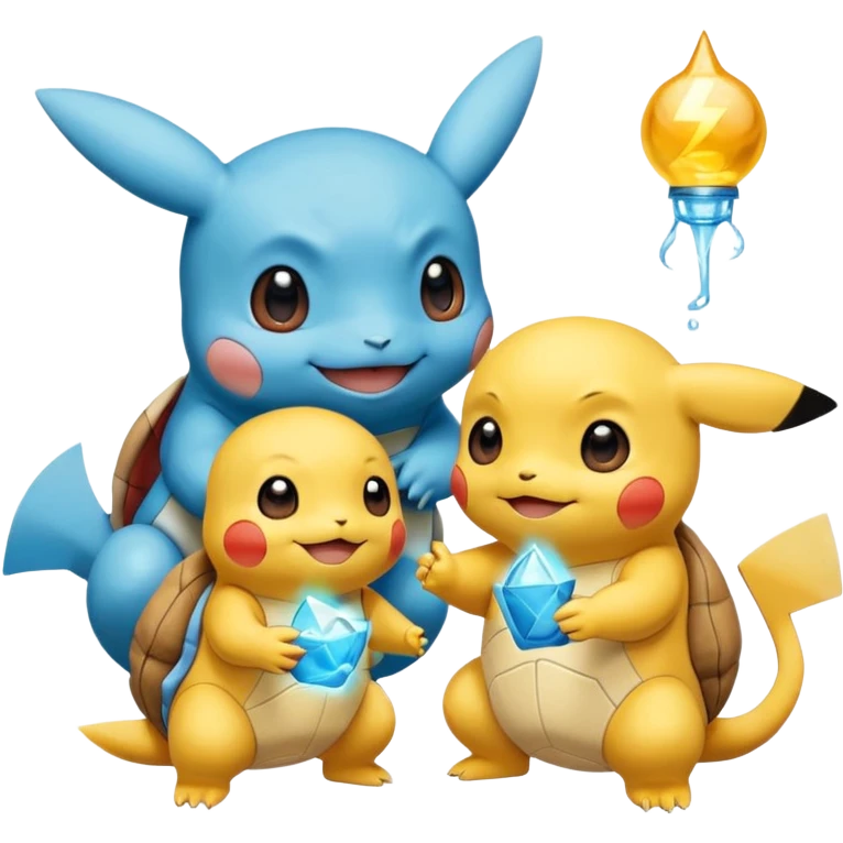  Pikachu has a light to share, but Squirtle has none. Pikachu sees this is unfair, so he shares the light with Squirtle. They smile and eat together. Show this as a cute Pokémon emoji scene about justice and fairness.

 emoji
