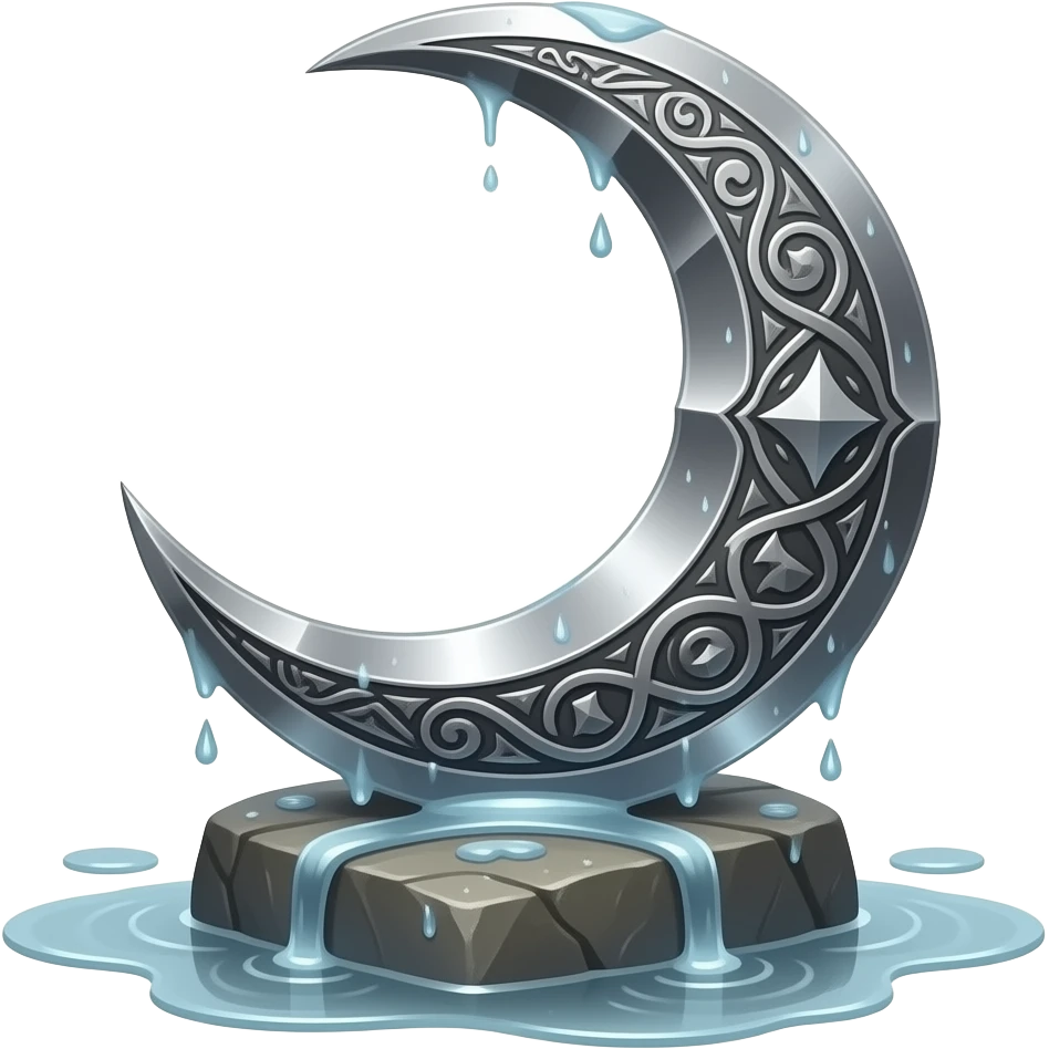 a fallen moon‑crescent blade, its engraved metal gleaming faintly on rain‑drenched stone, stormwater running along its curve, silver light pooling around it like a quiet omen emoji