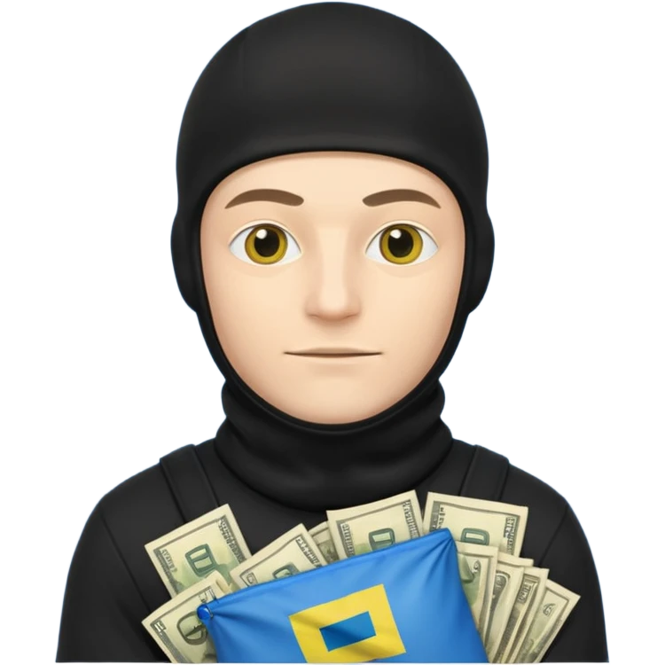 создай белого украинца в черное одежде и черной балаклаве с большим мешком денег в расцветке флаг страны в руках emoji
