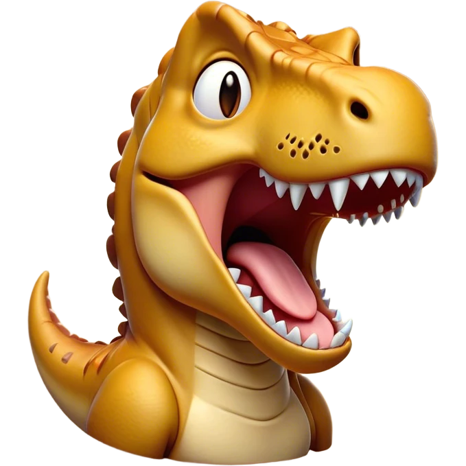 Cinematic Cute Yawning T-rex Portrait Emoji, Head tilted slightly with a dramatic, wide-open yawn, showcasing a robust, muscular form with a slightly open mouth revealing powerful jaws and sleepy, half-closed eyes, Simplified yet irresistibly adorable features, highly detailed, glowing with a soft, cozy prehistoric glow, high shine, relaxed yet expressive, stylized with a hint of whimsical ancient ease, soft glowing outline, capturing the essence of a drowsy yet affectionate T-rex that appears ready to stretch and yawn its way out of the screen! emoji