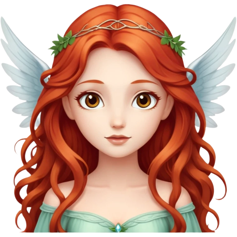 Une magnifique fée avec un visage d’ange  avec de belles ailes une magnifique robe naturelle avec de très long cheveux roux avec des yeux marrons  emoji