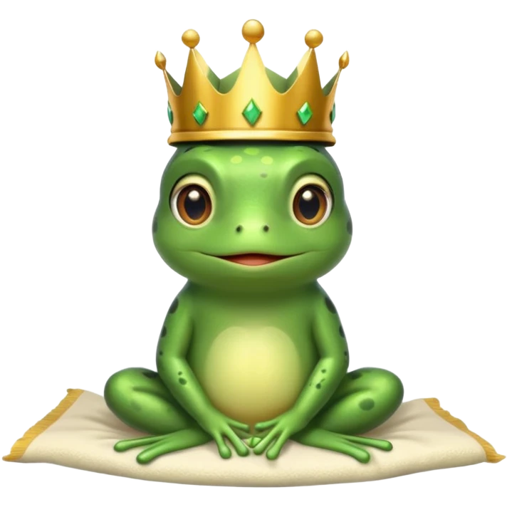 cute little frog with crown on head sitting on bed emoji