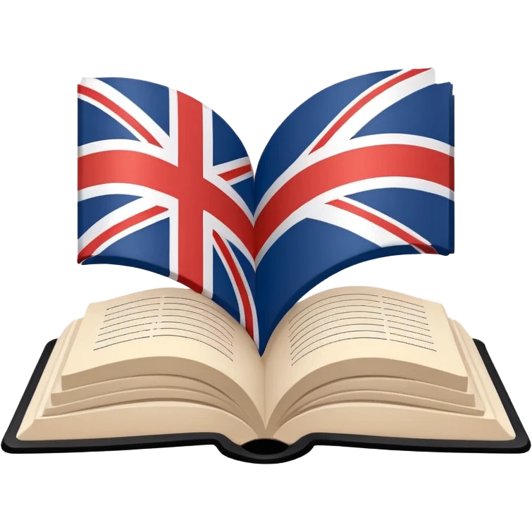 Minimalistic flat vector icon, iOS style, thin black contour on white background. Open book with a small UK/USA flag symbol. No text, no shadows. emoji