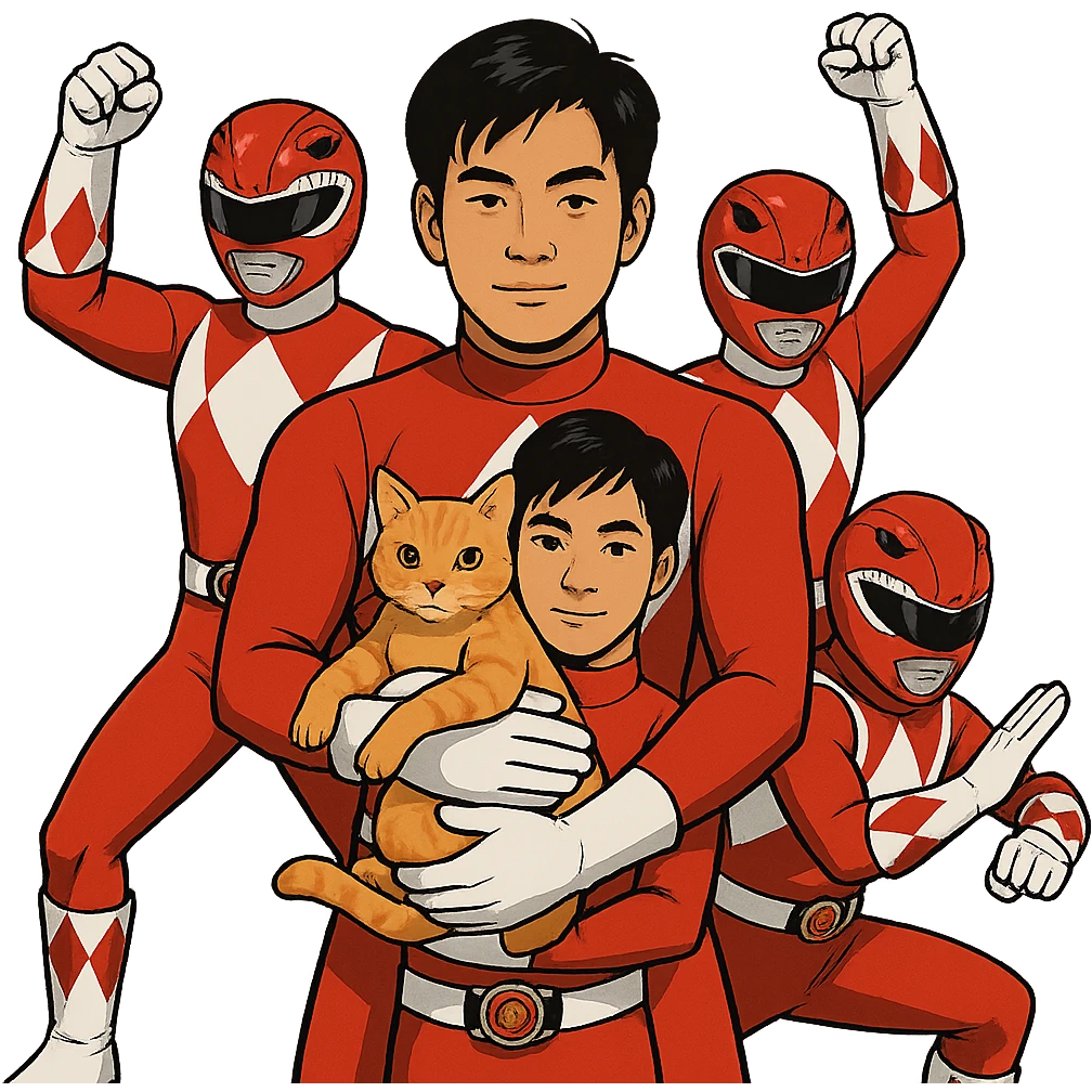 red ranger team assembling, asian male with black hair, holding a cat emoji