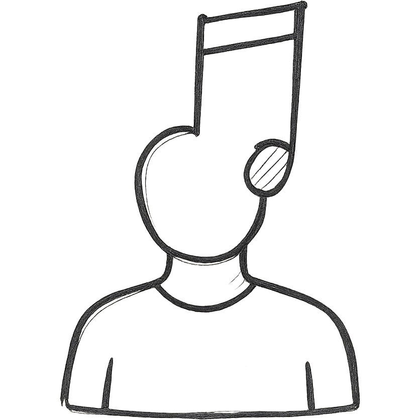 silhouette vector of a man with a music note for a head, hand-drawn outline style emoji