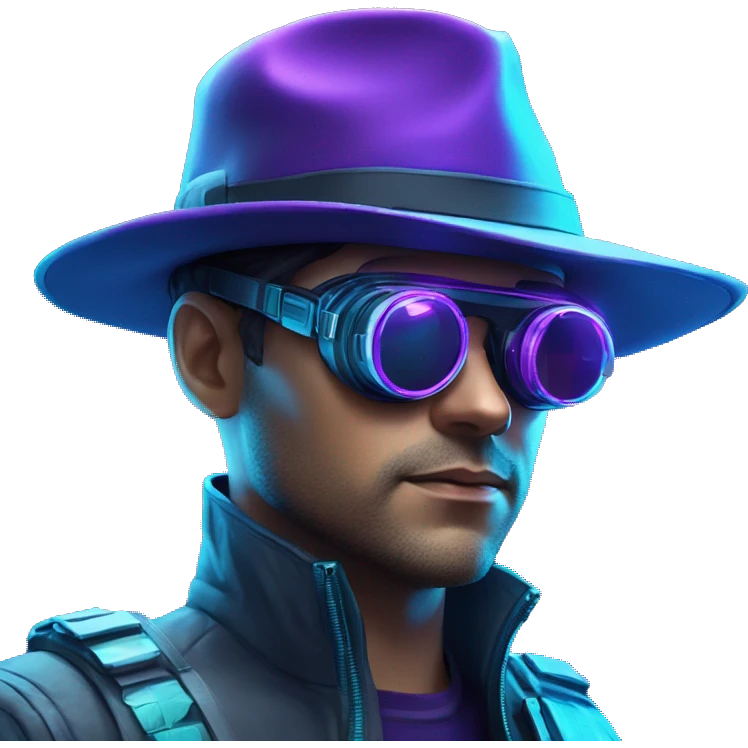 Secret human agent in a hat with  cyberpunk elements in VR googles scanning looking reviewing multicolor lines of code, cyan and purple colors, only upper body portrait emoji