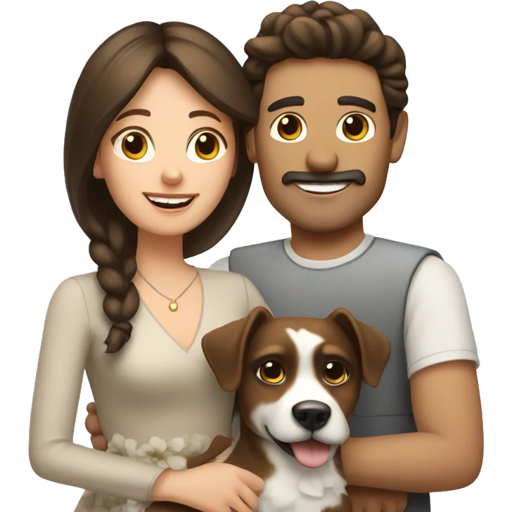 Brunette husband and wife with small white and brown dog emoji