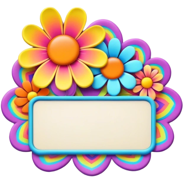 3D, psychedelic colored name tag with hippie style flower border emoji