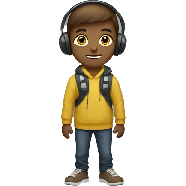 a brown short hair boy with headphone and yellow pullover say "hi" emoji