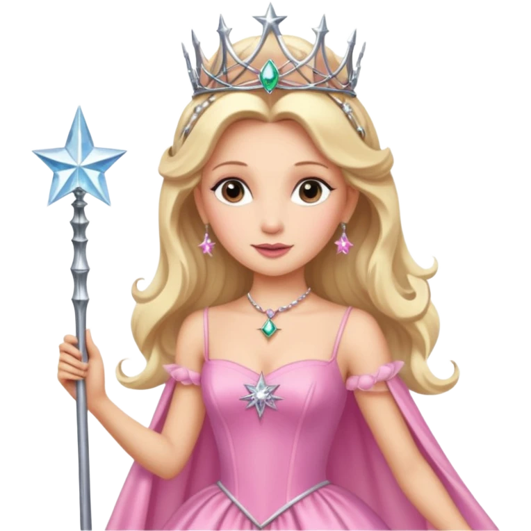 glinda the good witch from wicked movie (ariana) blonde hair, beautiful, big silver thin tiara, star wand, pink gown emoji