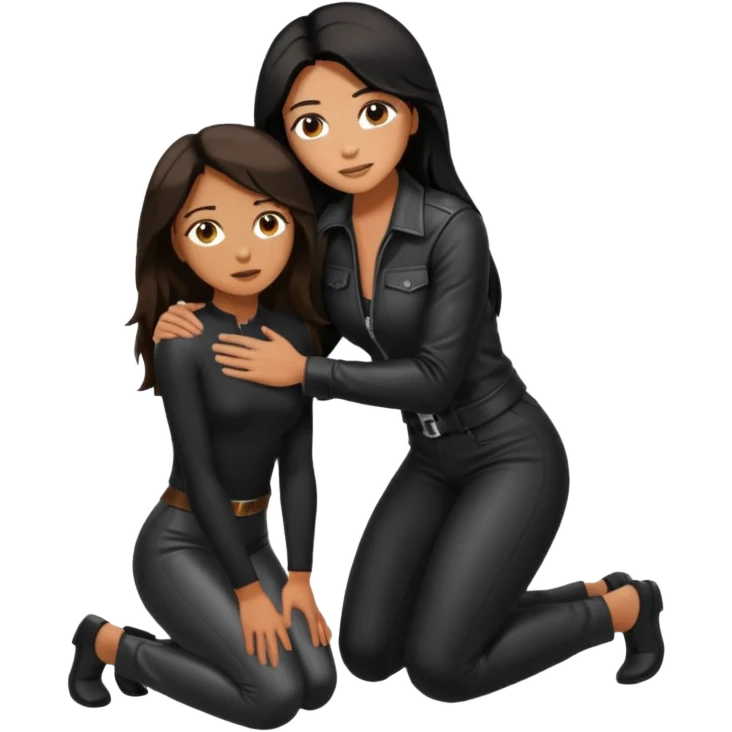 Tan skin with freckles, long dark hair, hazel eyes Dominatrix standing over a dark haired man who is kneeling at her knees emoji