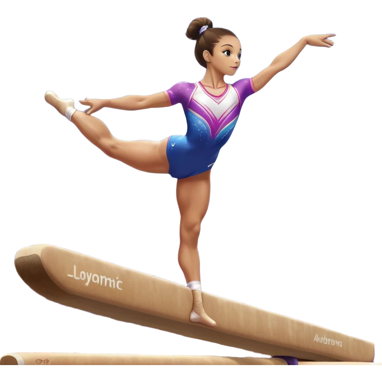 A gymnast performing a flawless routine on the balance beam, showcasing strength and grace. The scene captures the precise, elegant movement with perfect balance and form. The background features a gymnastics arena with vibrant lighting and cheering crowds, emphasizing athleticism and poise. emoji