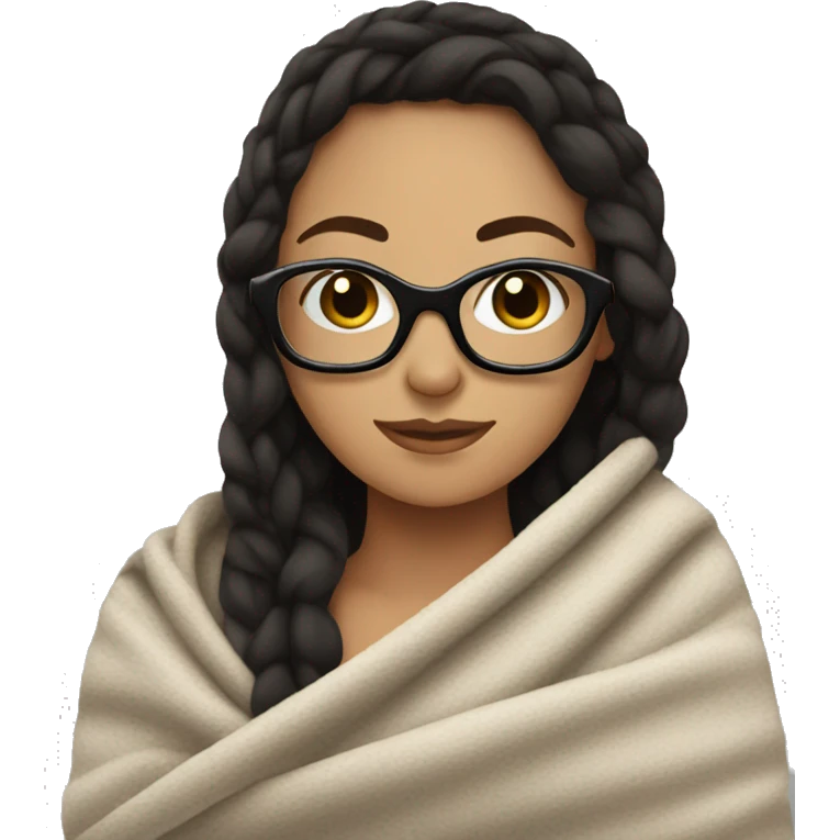 blanket wrapped around a brunette girl with black glasses emoji